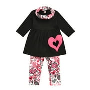 Penkiiy Toddler Baby Kids Girls Solid Heart Print Tops+Cashew Print Pants+Scarf Sets Fashion Girls Skirt 3-4 Years Black 2023 Summer Deal